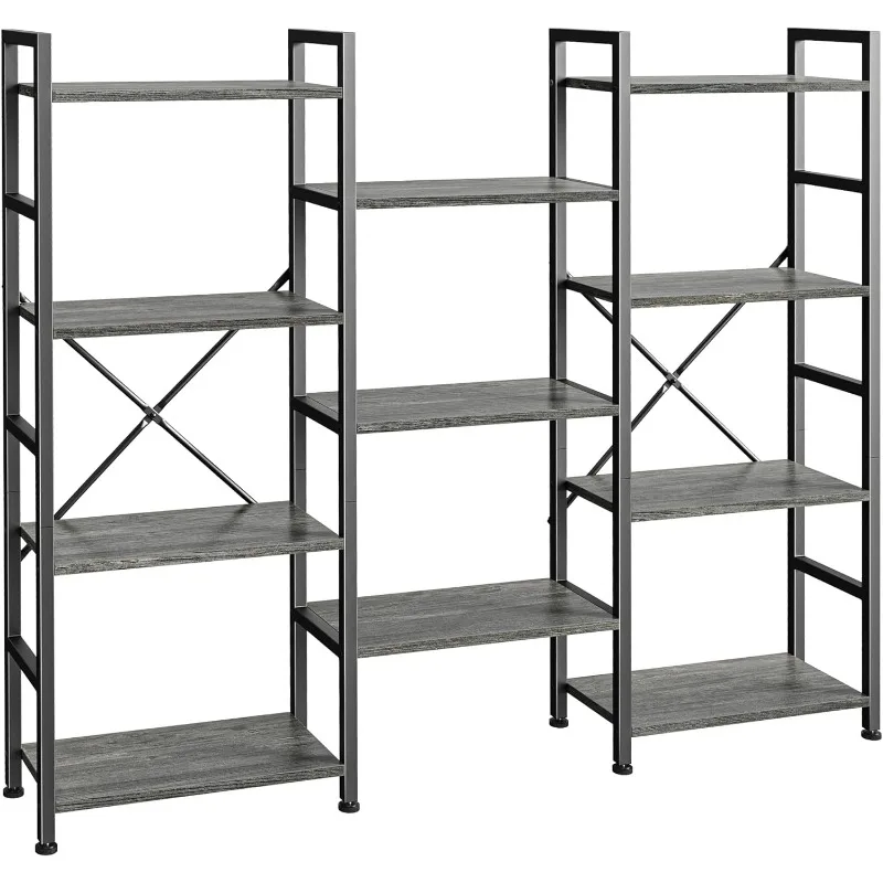 

SUPERJARE Triple 4 Tier Bookshelf, Bookcase with 11 Open Display Shelves, Wide Book Shelf Book Case for Home & Office, Grey