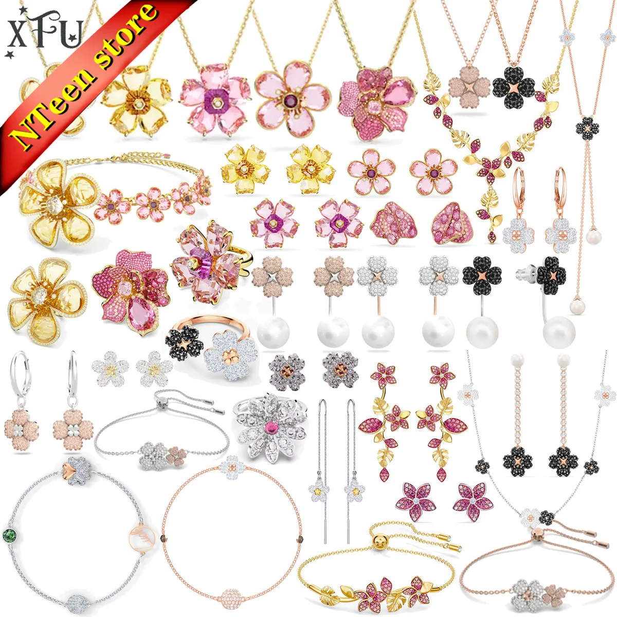 XFU Original 2024 Premium Women's Clover Jewelry Set Ring Fashion Crystal Flower Women's Earrings Necklace Bracelet Lucky Gift