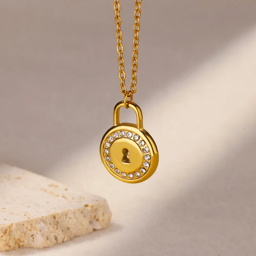 White Zircon Round Lock Stainless Steel Chain Necklaces For Women