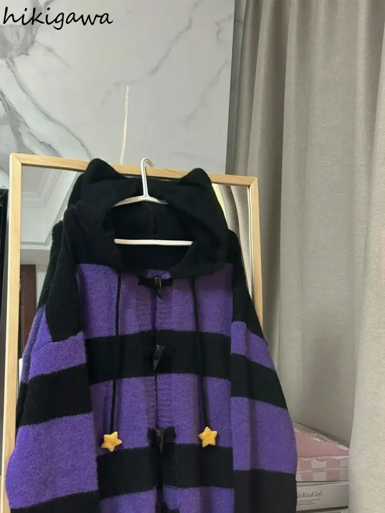 2025 Fall Winter Clothing Striped Sweater Jackets Women Pull Femme Hooded Fashion Cute Sueter Mujer Casual Knitted Y2k Cardigan 2