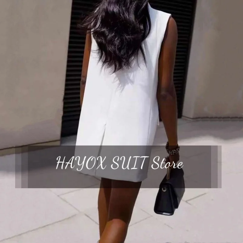 2023 여성 단색 더블 브레스트 슬림 민소매 조끼, 멋진 힙칼라 포켓 비즈니스 여성 V넥 재킷, 패션