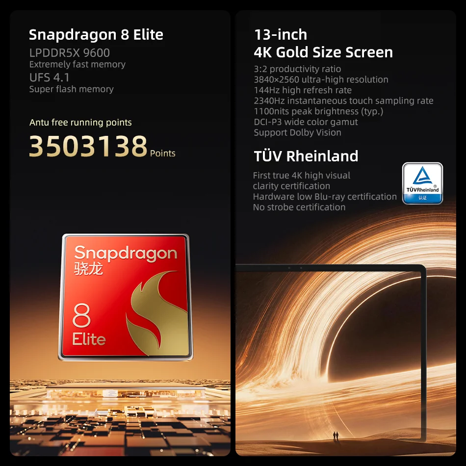레노버 리전 Y900 13인치 4K 144Hz 디스플레이 16GB 512GB 퀄컴 스냅드래곤 8 엘리트 TB522FU 와이파이 12700mAh 배터리 안드로이드 태블릿