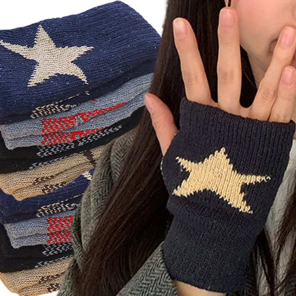 

Autumn Winter Warm Woolen Gloves Soft Comfortable Half Finger Knitted Gloves Creative Chessboard Grid Mittens