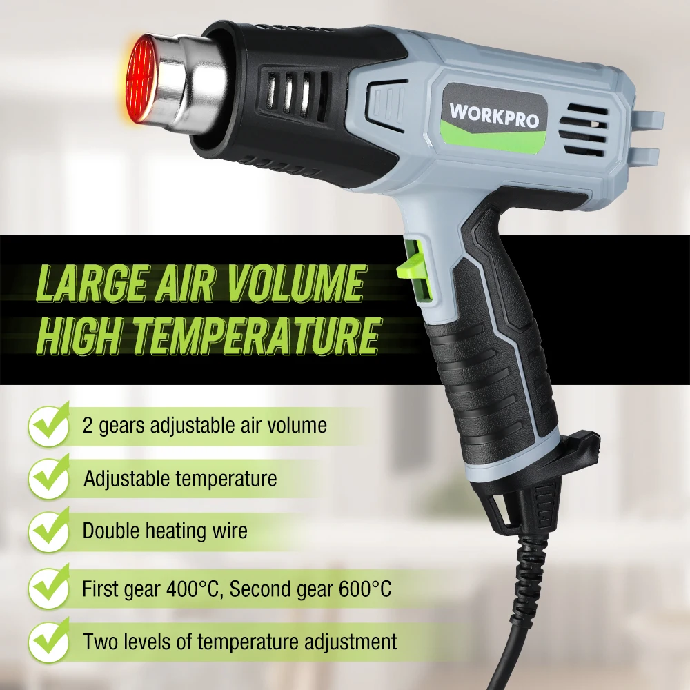 WORKPRO 2000W VDE Plug Industrial Electric Hot Air Gun Thermoregulator Heat Guns Shrink Wrapping Thermal Heater Nozzle 2