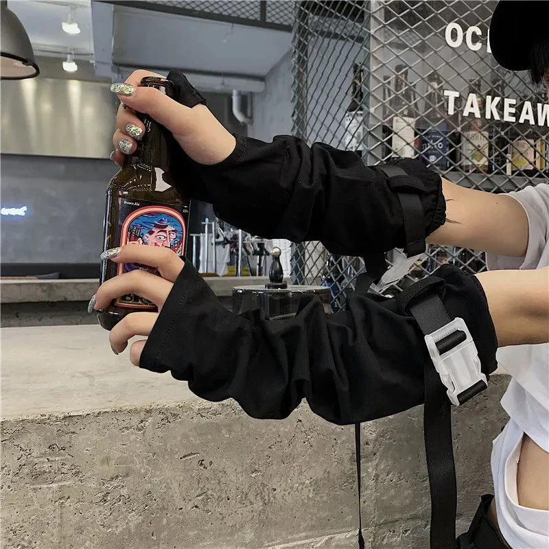 

1 Pair Cool Black Punk Unisex Arm Warmer Fingerless Gloves Cuff with Buckle Ninja Elbow Length Gothic Sun-protective Sleeve