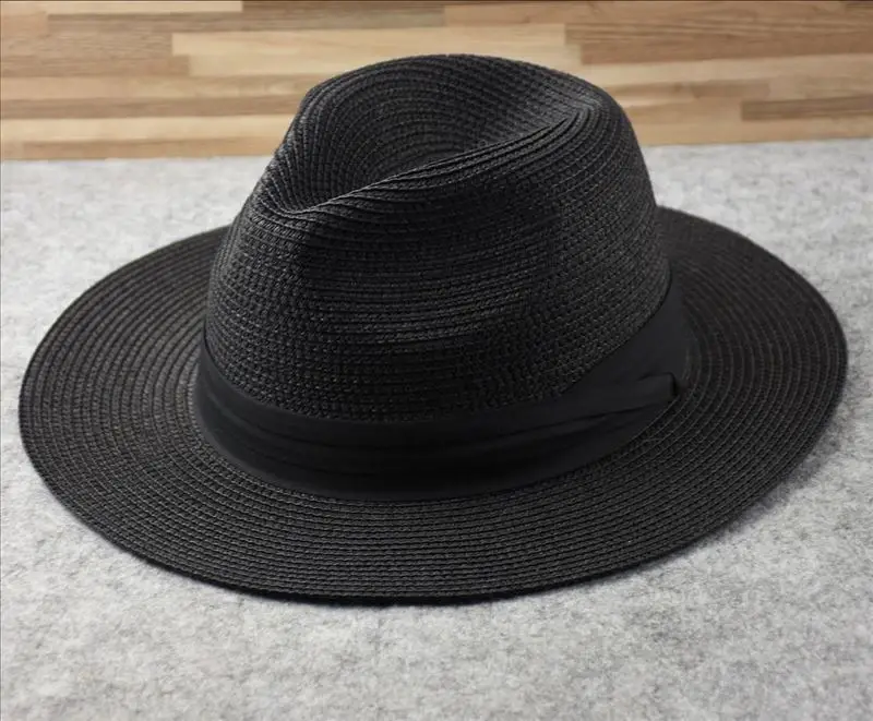 Cappello Da Sole Estivo Cappello di paglia a testa grande con cappello pieghevole in paglia intrecciata Plus Size 60-64cm Cappello a cilindro da uomo Protezione solare Cappello ombreggiante(Black B,58