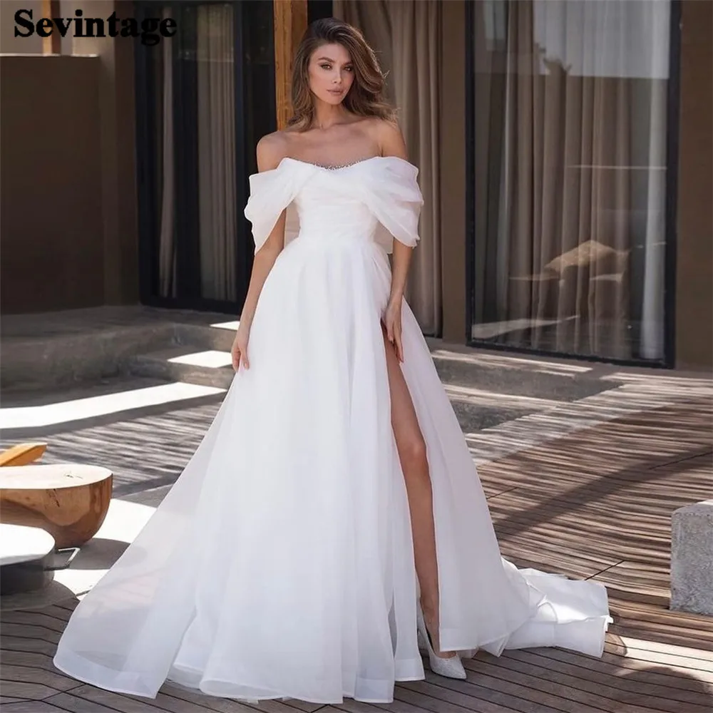 

Sevintage Princess A-Line Ivory Wedding Dress For Women Off The Shoulder Backless High Slit Bride White Bridal Gown Vestido 2024