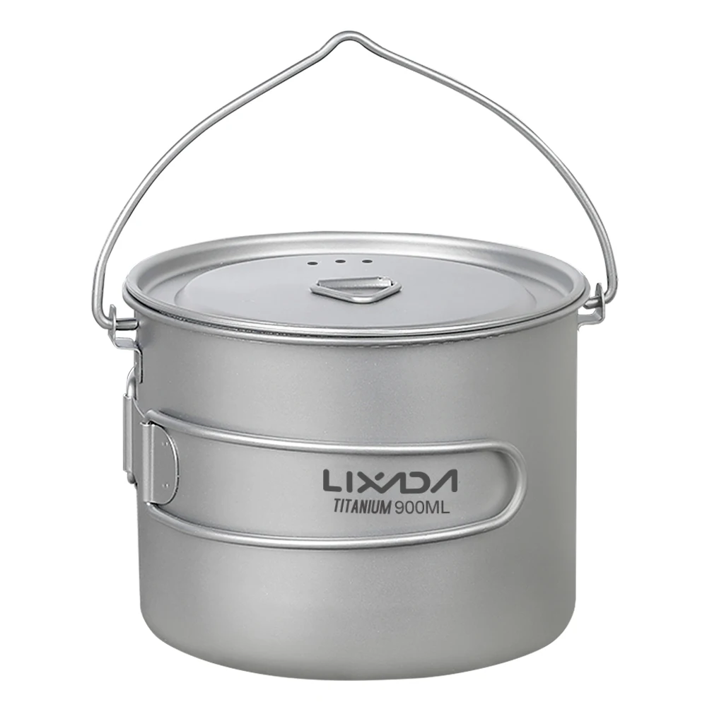 Lixada 750ml/900ml/1100ml Ultralight Titanium Pot Water Mug Cup with Lid and Foldable Handle Outdoor Camping Cooking Picnic