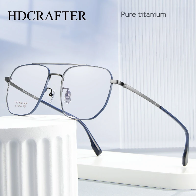 

HDCRAFTER Double Beam Pure Titanium Men's Eye Glasses Frame Big Size Ultra Light Myopia Optical Prescription Glasses for Men