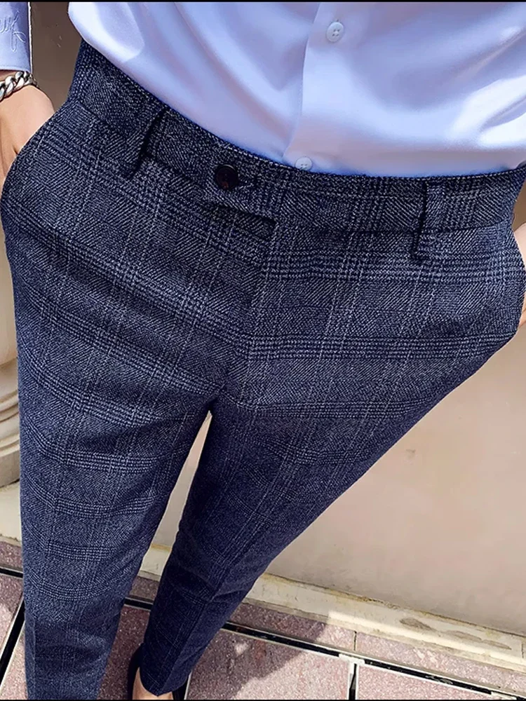 Business Pants Men Classic Plaid and Striped Fashion Casual Slim Suit Trousers Groom Wedding Party