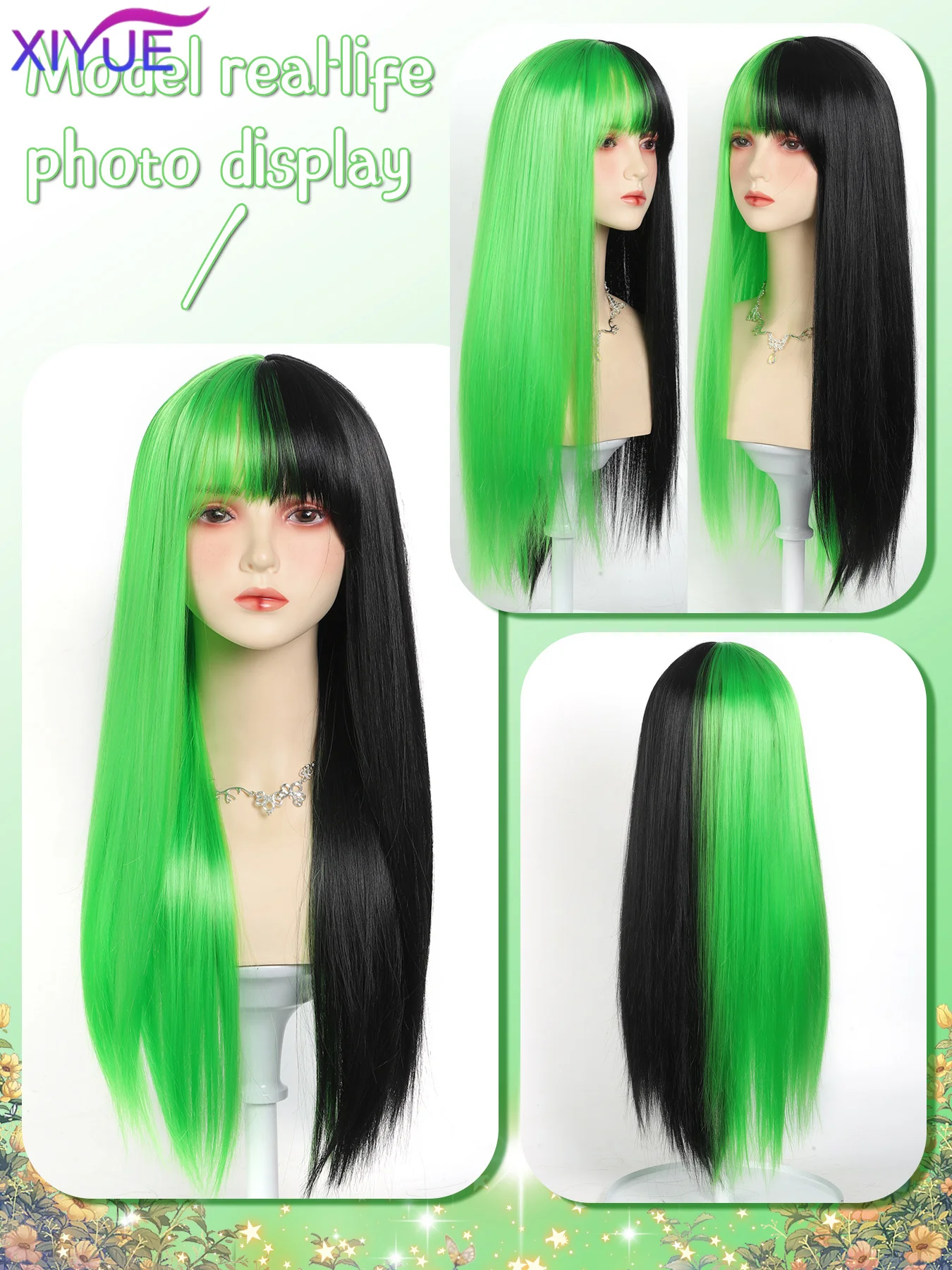 XIYUE Synthetic wig green and Black Wig Long Straight hair Cosplay Wig Halloween wig Two Tone Ombre Color Women Hair Wigs Green