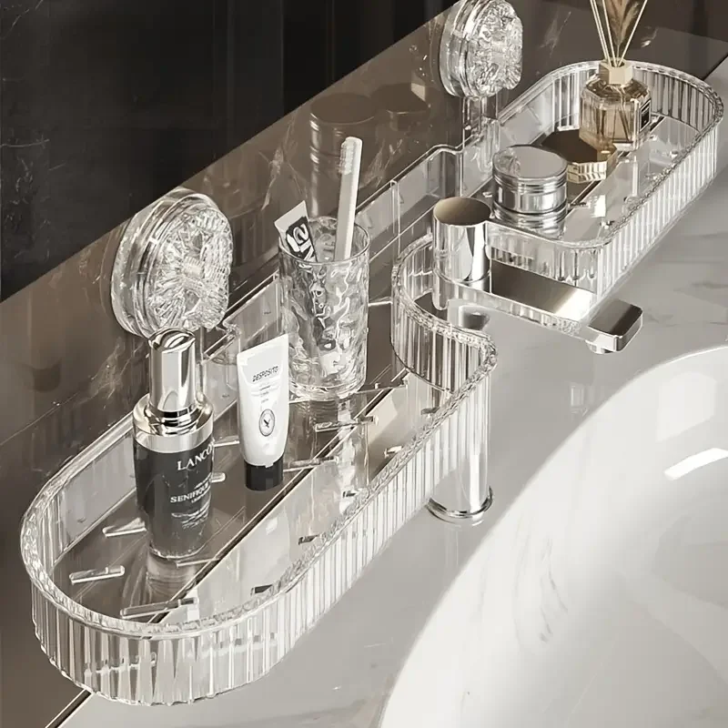 Bathroom Organizers,Suction Cups Wall Mount Faucet Shelf Transparent Reusable Toiletries Cosmetic Storage Rack for Under Mirror 4