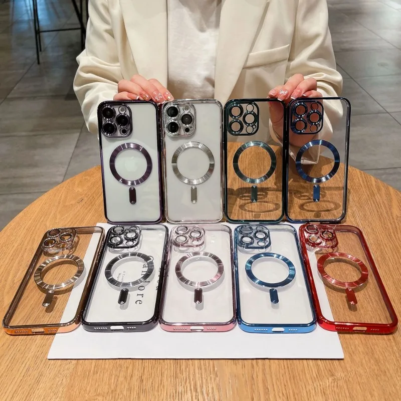 Desert Gold Wireless Charging Clear Case with Magnetic Electroplate Bumper Cover