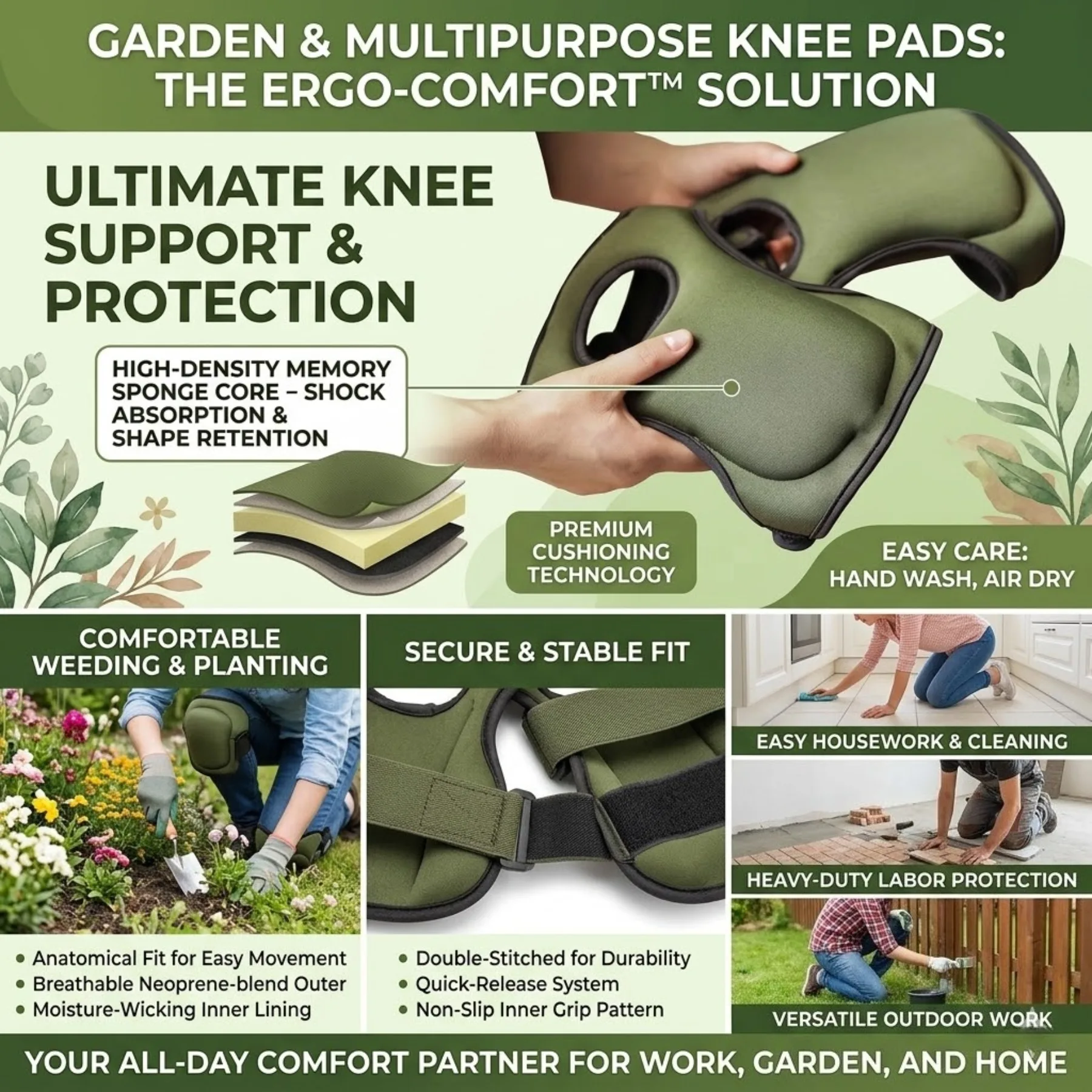 Une personne agenouillée sur les genouillères de protection pour jardinage, démontrant leur confort et leur maintien pendant le travail.