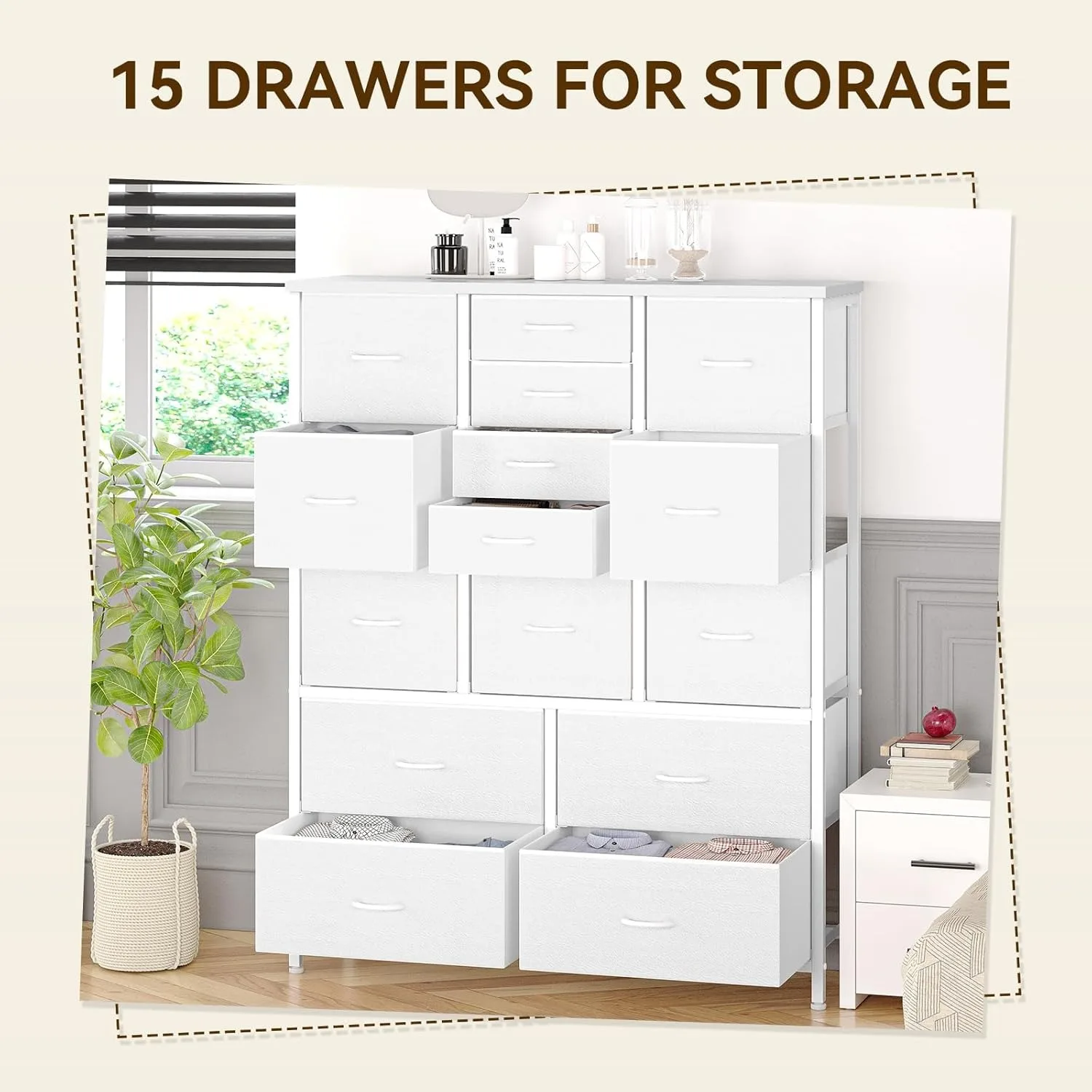 15 Drawers Dresser, Tall Dressers, Large Chests of Drawers, Fabric Storage Dresser Organizer Unit (White Wood Grain Print) 4