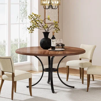 Tribesigns 47" Round Dining Table for 4 People, Farmhouse Kitchen Table with Wooden Texture Surface & Pedestal Base, Round Table