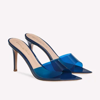 PVC Transparent Jelly Shoes For Women Sexy Pointed Open Toe Shallow Slider Slippers Ladies Sandals Stiletto Heels Mule