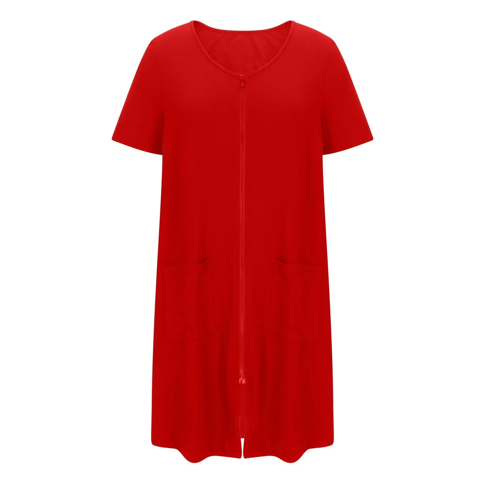 Women Sleepwear Sleepwear Pajamas Zipper Front Robe Short Sleeve Bathrobes Lightweight Knee Length Short Night Dress Pockets Home Pajamas