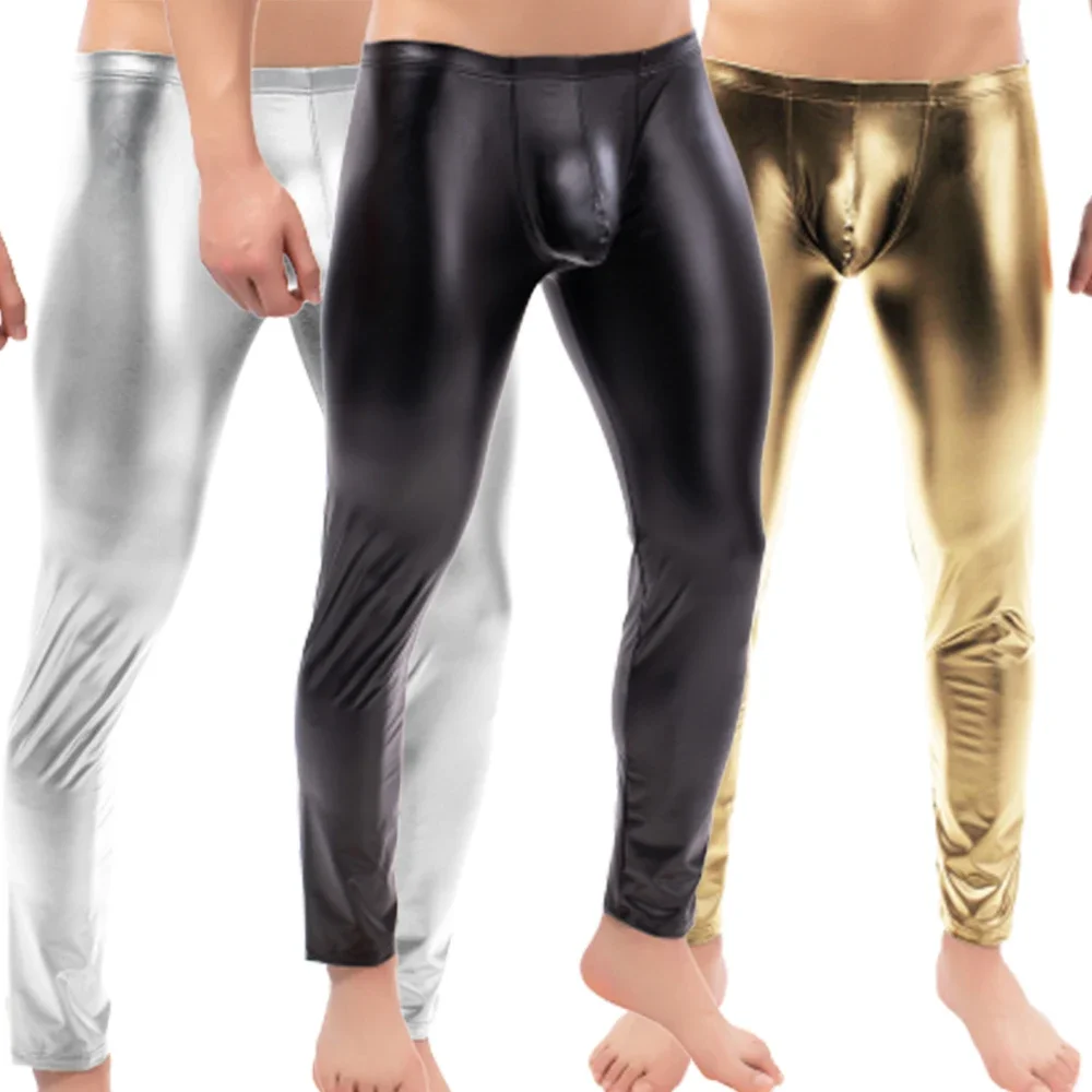 Sexy Men Low-rise U Bulge Pouch Night Clubwear Leggings Stage Performance Tights Bodywear Pants Man Shiny Faux Leather Leggings men trousers,leather pants,skinny pants