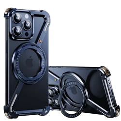 Sleek Z - Shape Metal Phone Case with 360° Rotation Holder - Shockproof Protective Cover - iPhone 15 Pro Max (Blue)