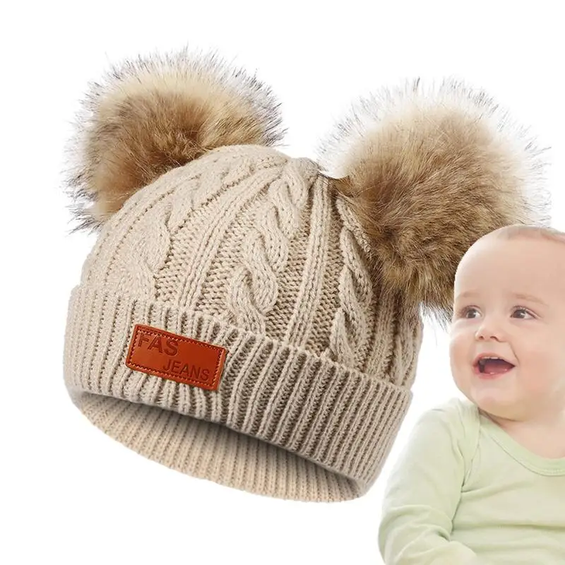 Kids Double Pompom Hat Knitted Ski Beanie Hat Comfortable Warm Stretchy Kids Beanie Hats For Boys Girls Toddler Baby School