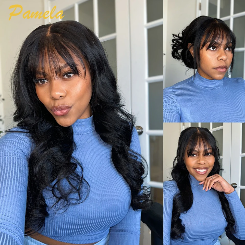 250% Density Loose Wave 13X6 Transparent Lace Front Glueless Lace Wig Human Princess Hair PrePlucked Ready To Go With Bangs