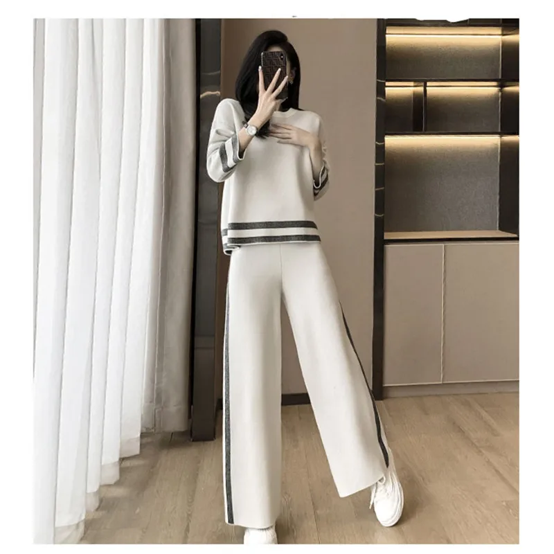 

Spring and Autumn Tb Pullover Round Neck Knitted Waffle Loose Top Casual Pencil Pants Suit Net Red