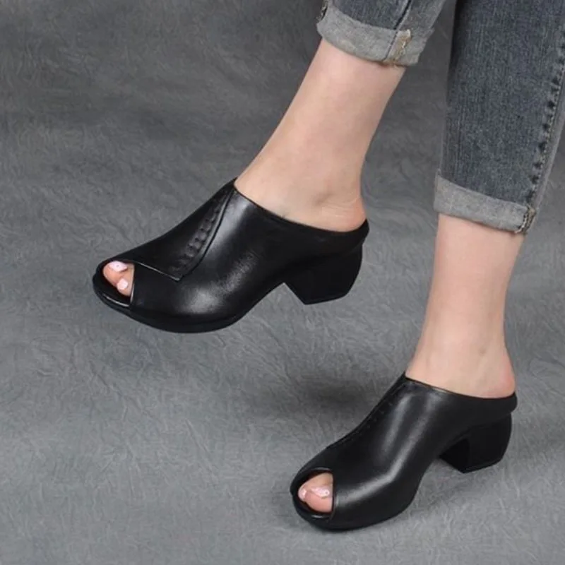 Women's Slippers Retro Fish Mouth Sandals Summer Peep Toe Slippers for Women Casual PU Leather Designer Sandals