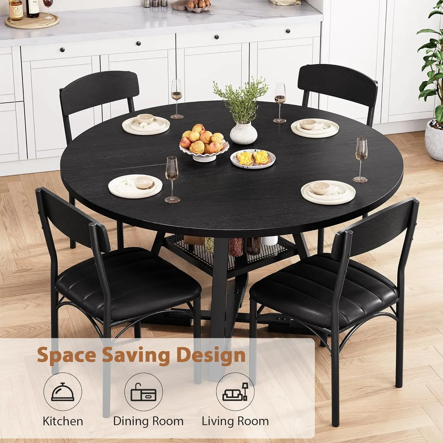 new-4, Kitchen Table and Chairs for 4, Circle Table Round Pedestal Dining Room Dinner Dinette Table Set,5 Piece Space Saving Woo