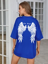 Dark Angel Wing Graphic Printed Oversized Cotton T-Shirt - S (Blue)