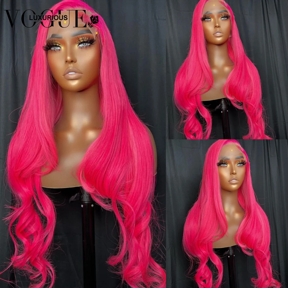 30 Inch Hot Pink Colored Lace Front Wig Human Hair Preplucked Brazilian Hair Transparent 13x4 Loose Body Wave Lace Front Wig