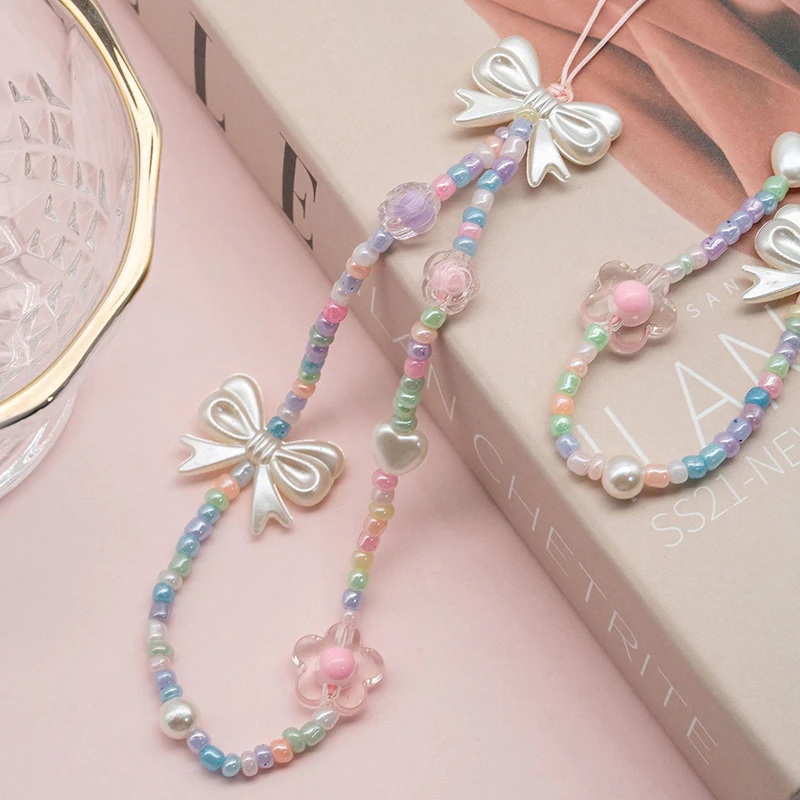 

1Pcs Colored Baded Chain Bow Mobile Phone Chain Women Girls Beaded Telephone Lanyard For Anti-Loss Cellphone Jewelry