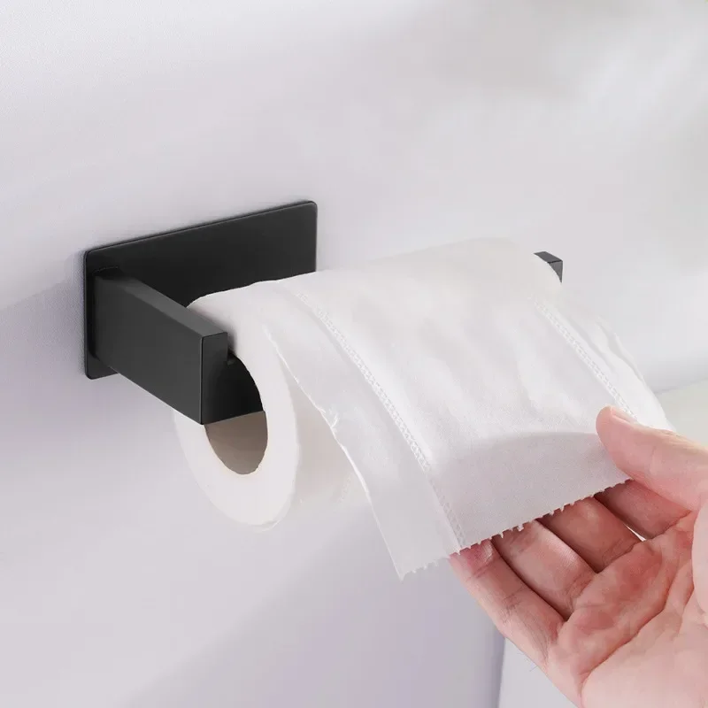 Stainless Steel Toilet Roll Holder Self Adhesive in Bathroom Tissue Paper Holder Black Finish Easy Installation No Screw