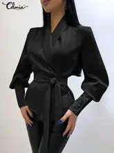 

Celmia Streetwear Lapel Tunic Elegant Casual Glossy Puff Long Sleeve Blouses Fashion Haut Bandage Wrap Shirts Women Solid Tops