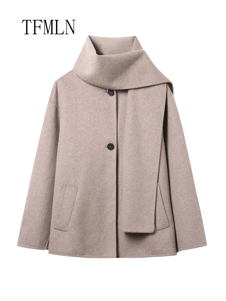 Retro Women Casual Scarf Collar Coat Fashion Single Breasted Pockets Loose Outerwear Commuting Street Jacket 2025 Autumn Winter