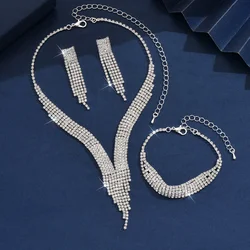 Elegant Full - Diamond Fringed Jewelry Set - Bridal Necklace, Earrings & Bracelet (Silver)