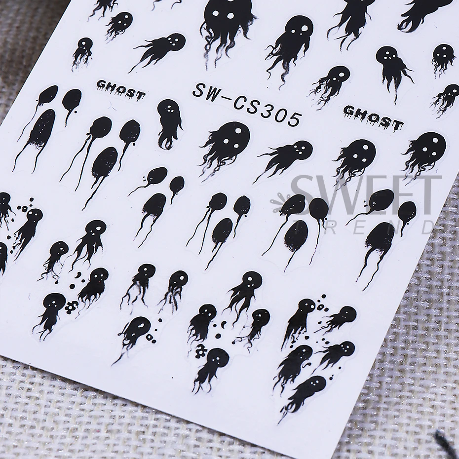 2pcs Halloween Nail Stickers Cartoon Black Ghost Pumpkin pattern Self-Adhesive Nail Decals DIY Charms Slider Manicure Decoration