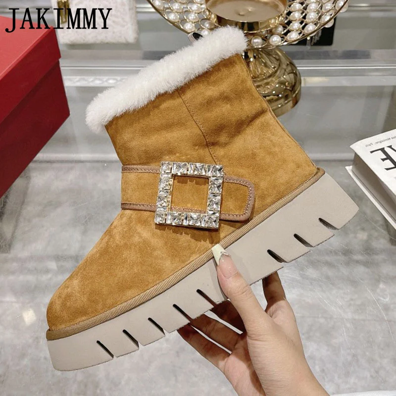 

Suede Leather Crystal Metal Buckle Ankle Boots Women Round Toe Thick Sole Wool Short Boots Winter Casual Party Snow Boots Women