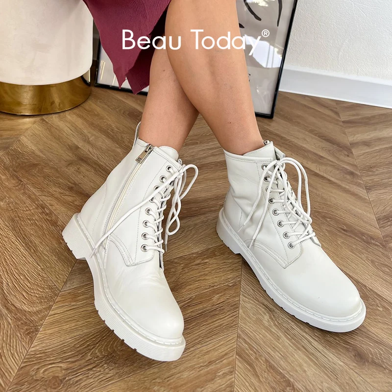 

BeauToday Winter Platform Boots Women Cow Leather Side-Zipper Lace-up Ladies Warm Short Plush Insole Shoes I04218