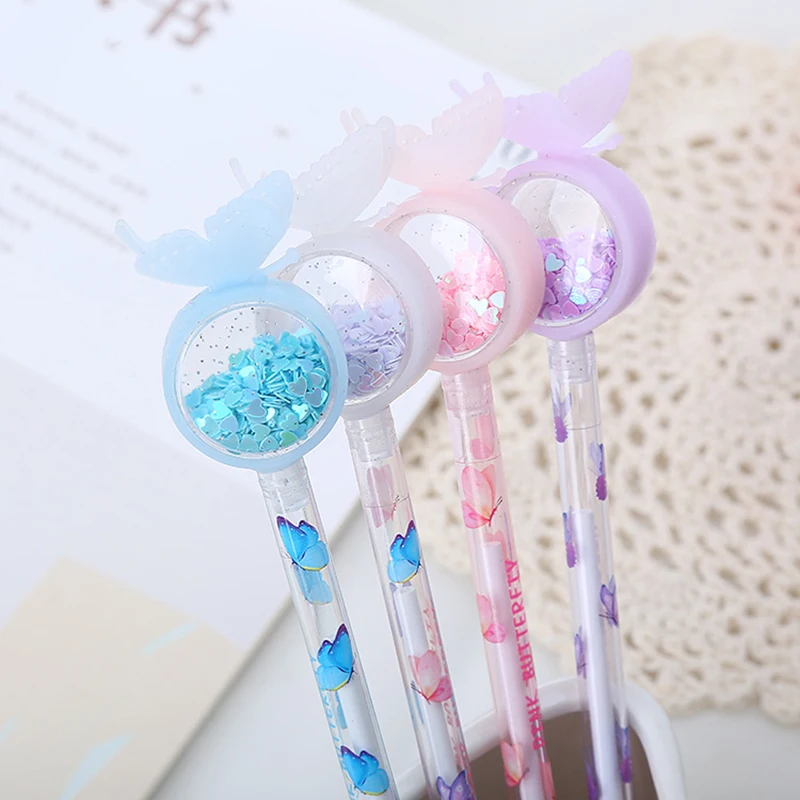 

4 Pcs Gel Pens Girly Heart Butterfly Glitter Black Ink Cute Student Writing Supplies Creative Office Stationery Signature Pen