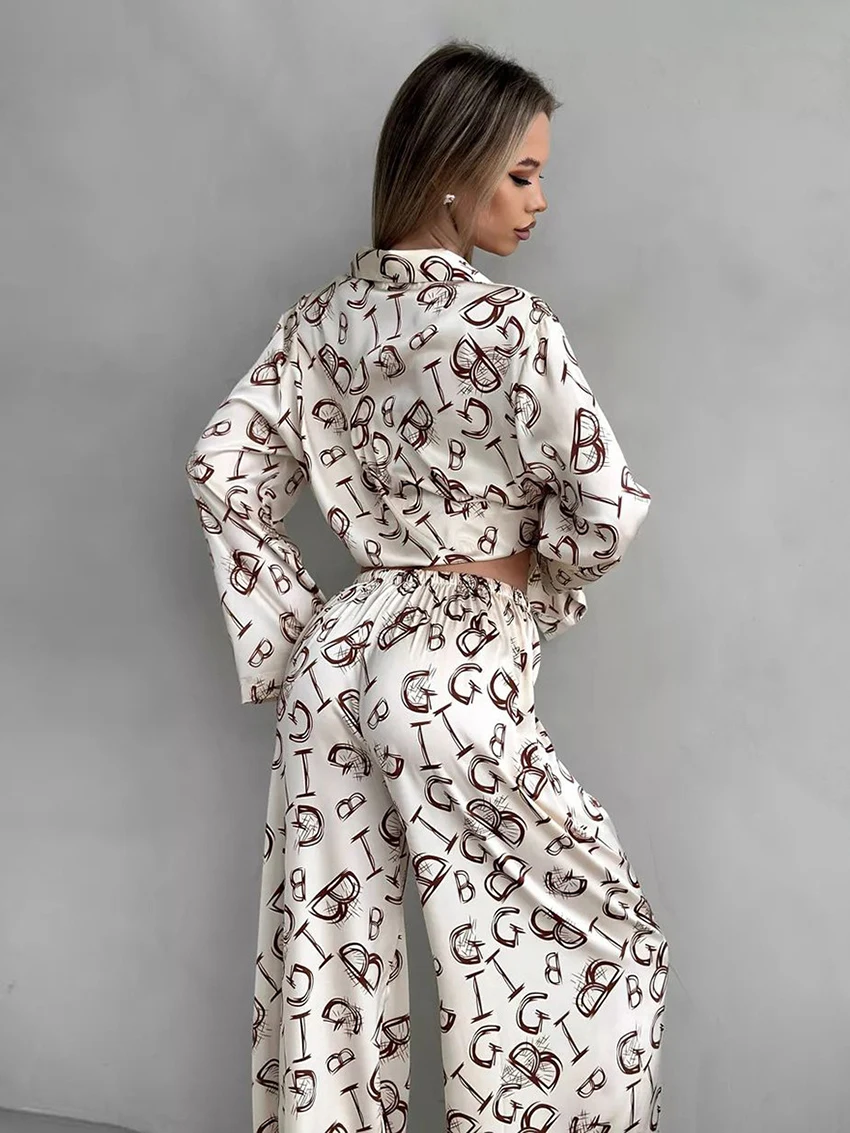 Marthaqiqi Printing Femme Sleepwear 2 Piece Suit Long Sleeve Nightwear Turn-Down Collar Pajama Wide Leg Pants Casual Nightie Set