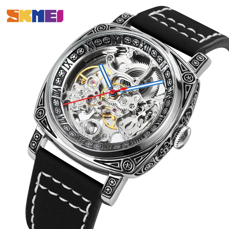 SKMEI Luxury Leather Strap Mens Automatic Watches Simple Mechanical Wristwatch Male Waterproof Clock reloj hombre 9271