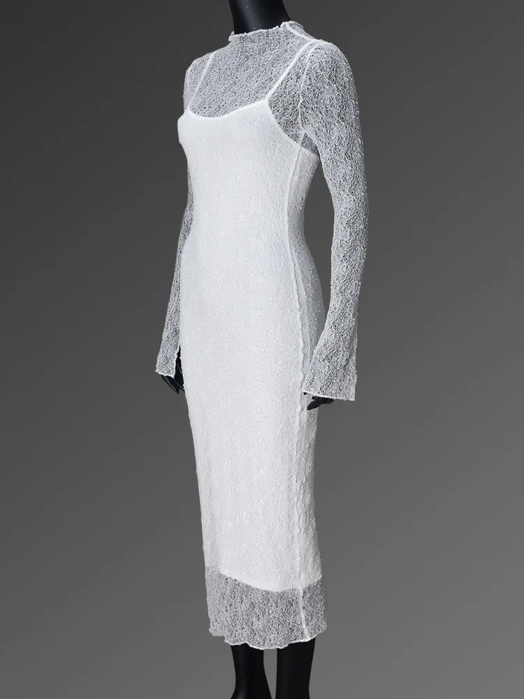 Wmstar Women Dresses 2025 Wholesale Sexy Mesh Patchwork Long Sleeve Summer High Waist Draped Bodycon Street Wear Long Dress