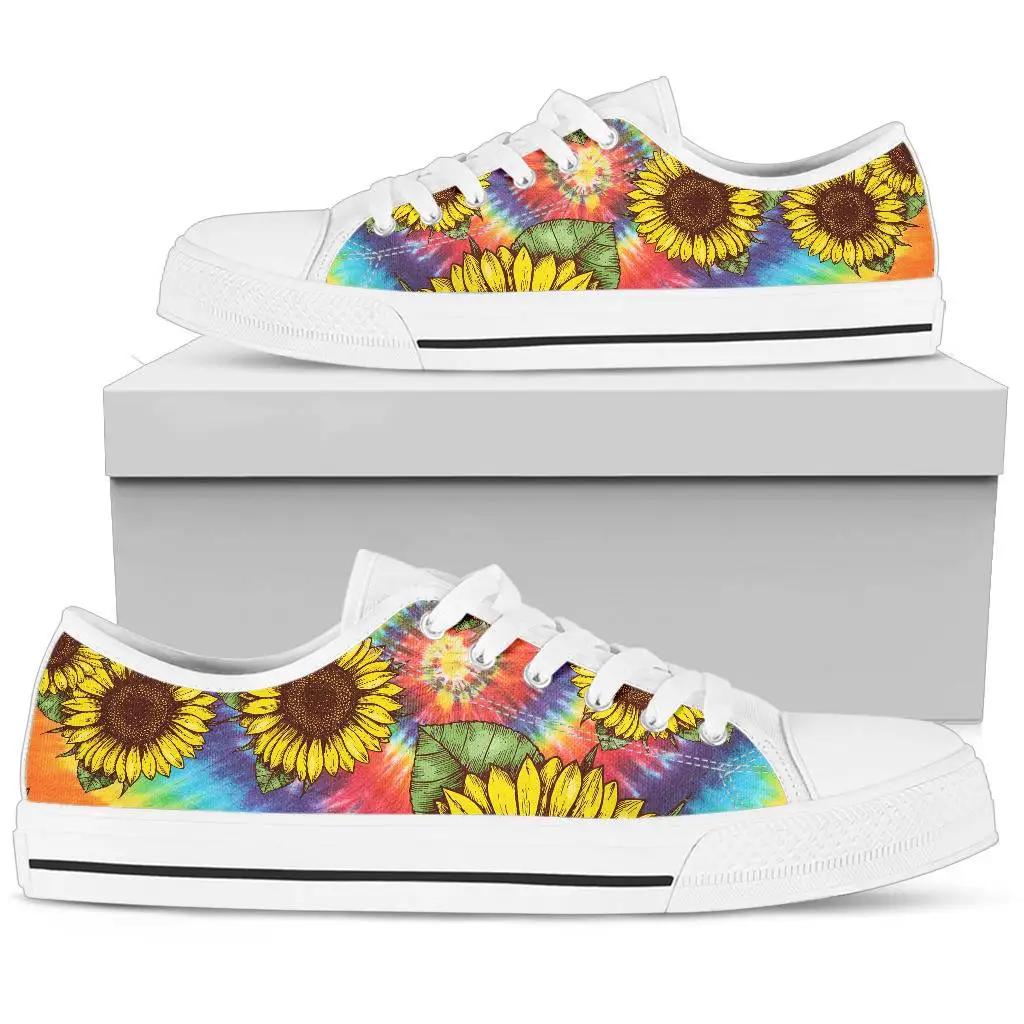 Funny Art Sunflowers Leisual Flat Shoes For Women Black White Light Breathable Lace Up Canvas Sneakers Schoenen Dames