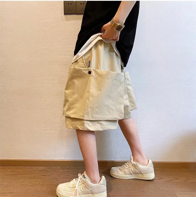 Men Trendy Casual Streetwear Hip Hop Big Pocket Design Cargo Short Pants Y2K 2024 Summer Youth Solid Oversize Baggy Beach Shorts