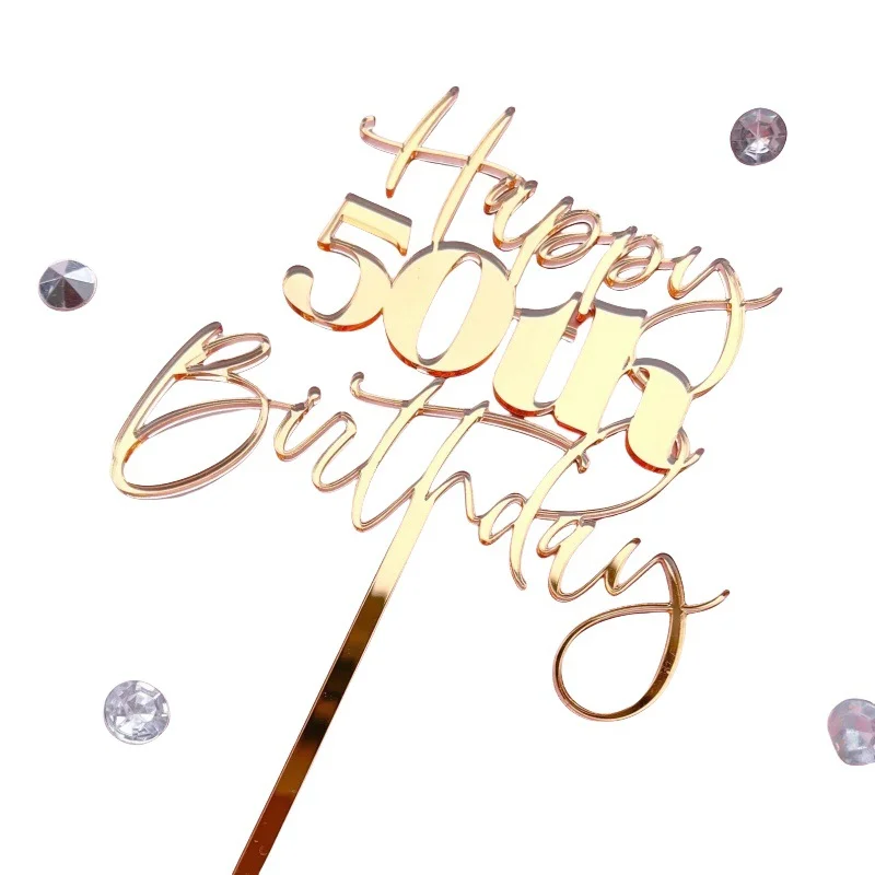 New Cake Topper 50 Golden Acrylic Happy Birthday Cake Topper for Birthday Party Cake Decoration