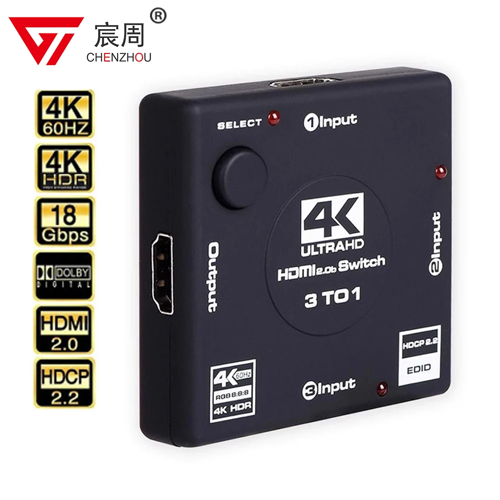 Commutateur HDMI 4K 60Hz avec 3 Ports, Adaptateur 3 en 1, Sortie HDMI 2.0, Convertisseur pour PS4 Pro TV BOX