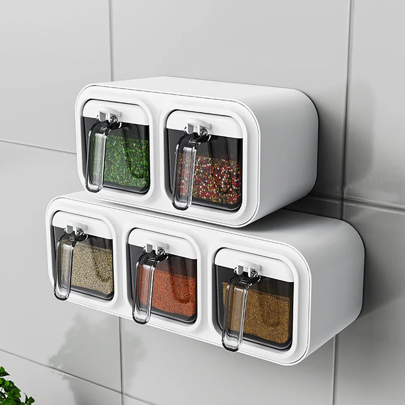 Wall Mount Spice Rack Organizer Sugar Bowl Salt Shaker Seasoning Container Kitchen Supplies Storage Set Spice Boxes_voghion.com