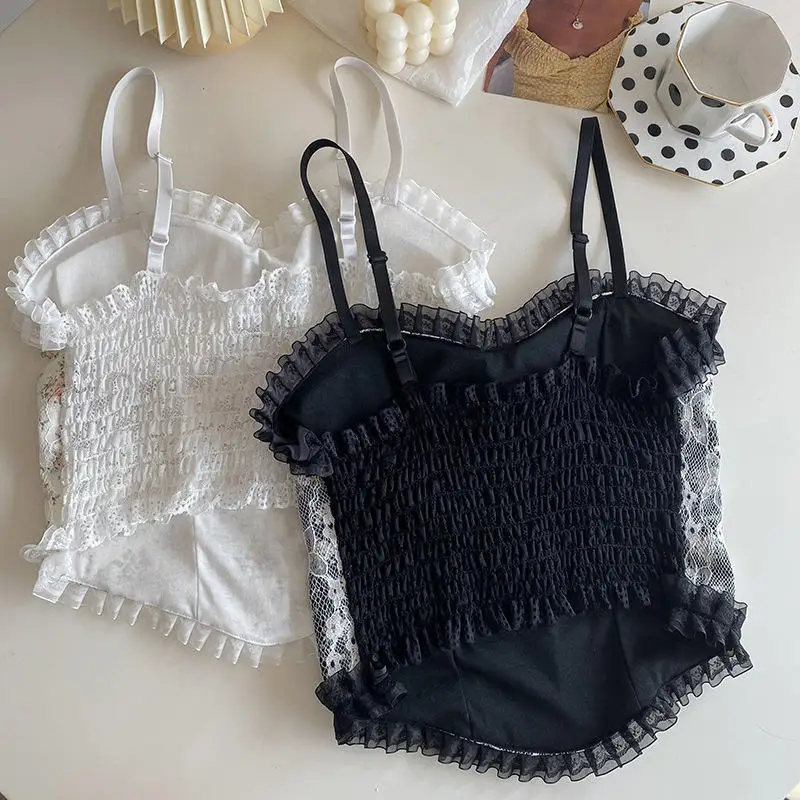 Women's Camisole Summer French Lace Floral Ruffle No Steel Ring With Chest Pad Girl Bottoming Shirt Tank Top 1PC