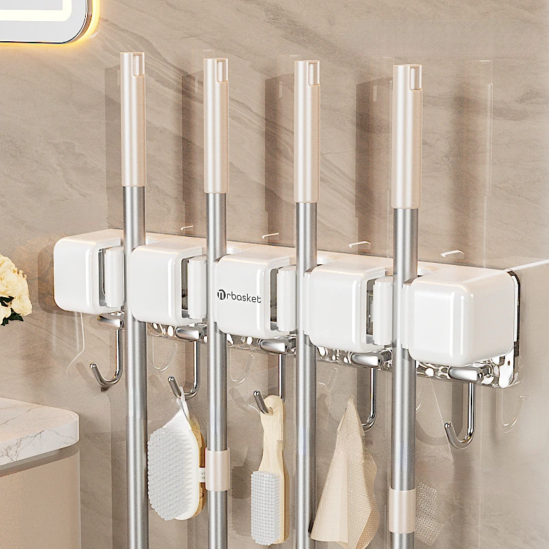 Bathroom Mop Broom Holder Wall Hook No Drilling Self-Adhesive Wall Mounted Mop Holders Multifunction Organizer Shower Holder
